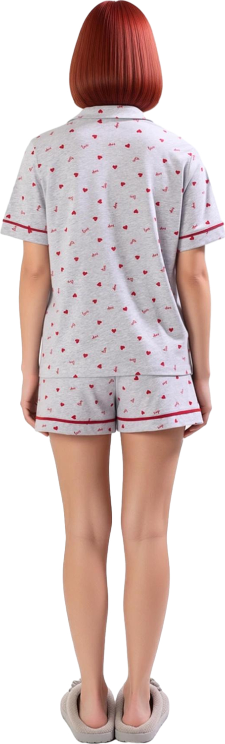 Kadın Kalpli Şortlu Pijama Takımı Gömlek Yaka Fonksiyonel Dayanıklı Kaliteli Konforlu Spor