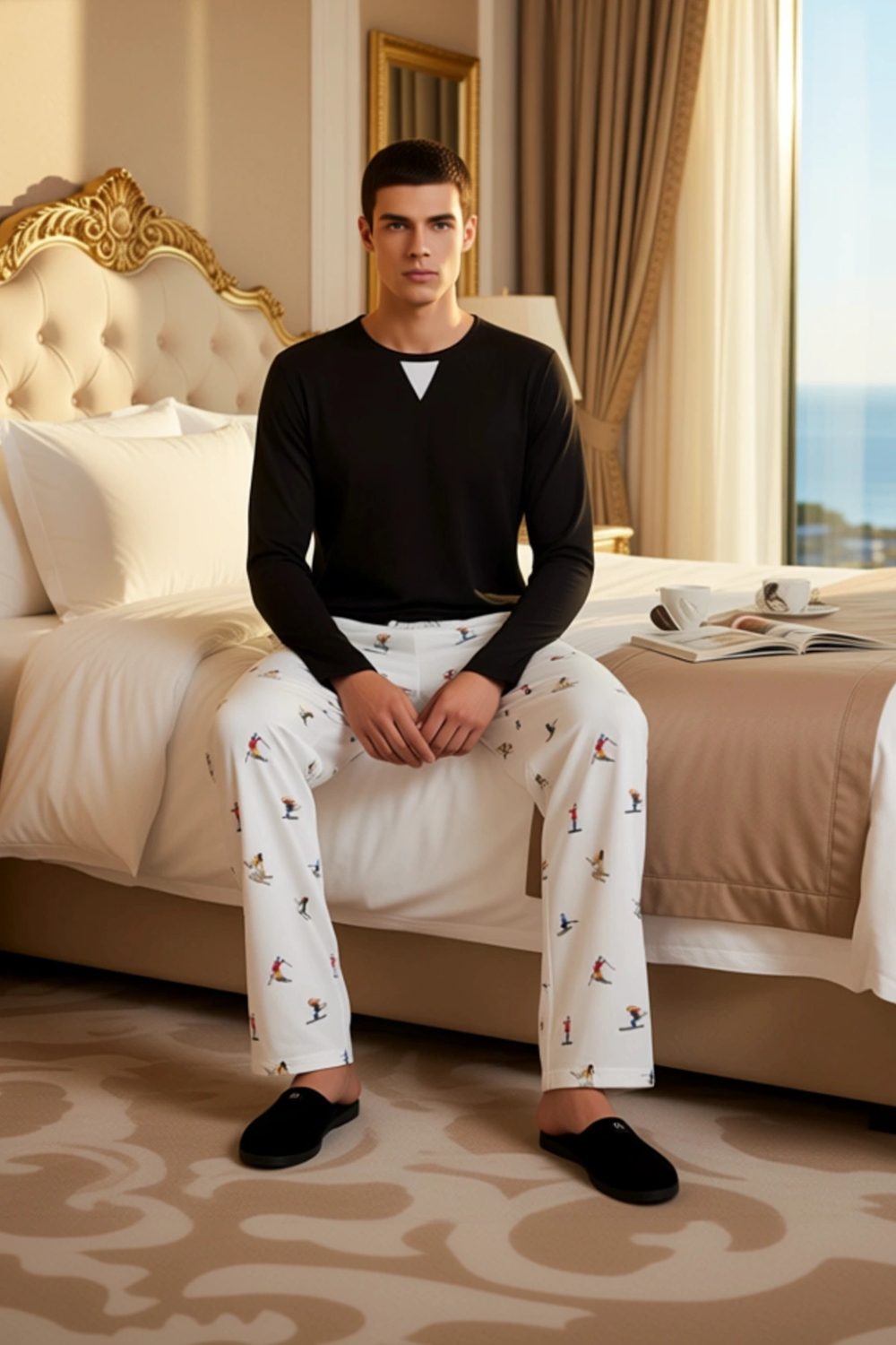 Kadın Bisiklet Yaka Waffle Pijama Takımı Kayak Desenli Pantolon Fonksiyonel Dayanıklı Spor