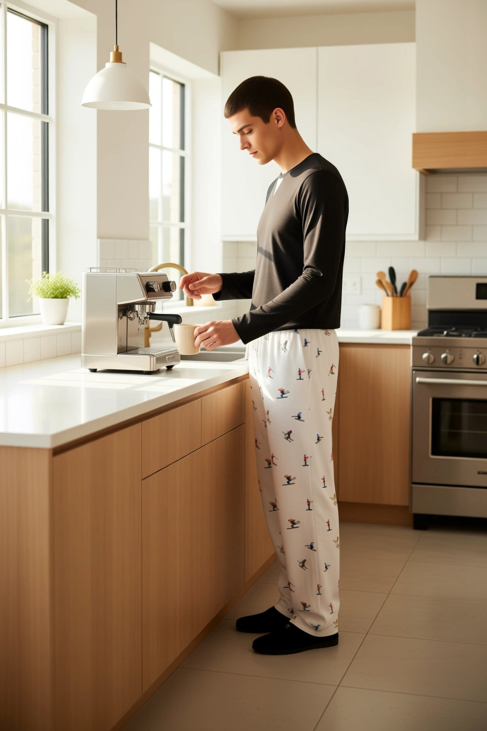 Kadın Bisiklet Yaka Waffle Pijama Takımı Kayak Desenli Pantolon Fonksiyonel Dayanıklı Spor