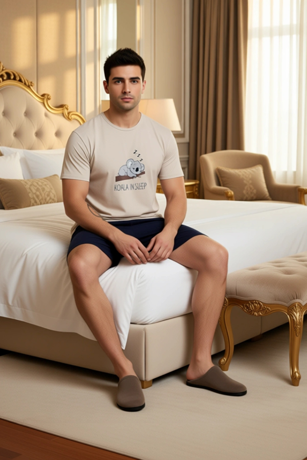 Erkek Indigo Koala Baskılı Bisiklet Yaka Pijama Takımı Fonksiyonel Dayanıklı Kaliteli Spor