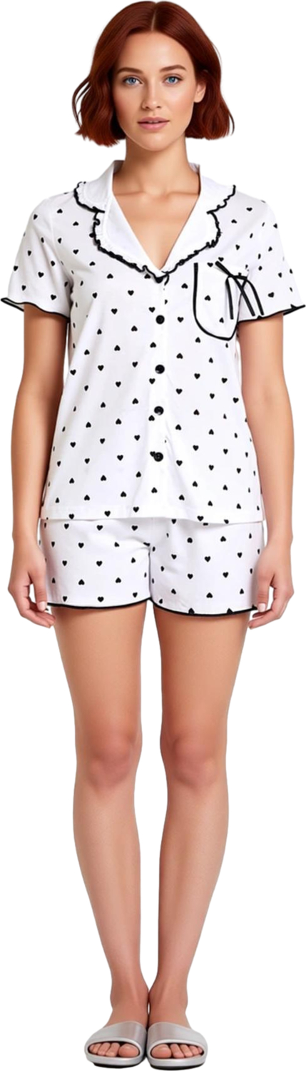 Kadın Kalpli Pijama Takımı Gömlek Şort Fonksiyonel Dayanıklı Kaliteli Konforlu Estetik Şık