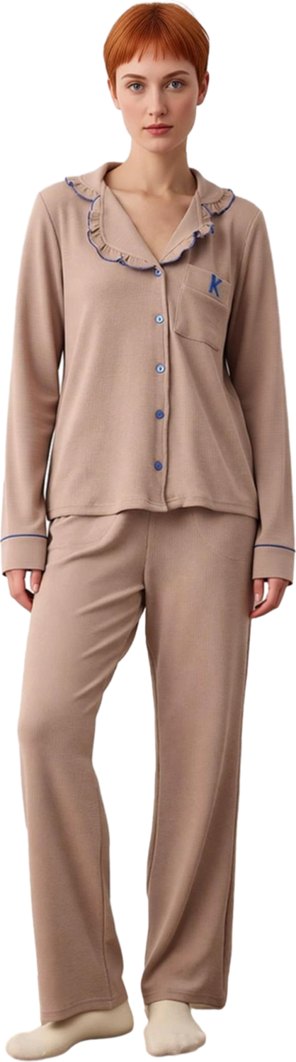 Kadın Fırfırlı Nakışlı Örme Pijama Seti Fonksiyonel Dayanıklı Kaliteli Konforlu Estetik Şık