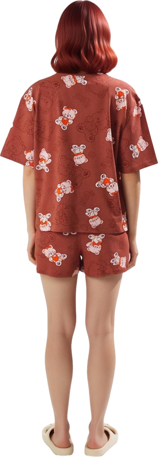 Kadin Ayici Desenli Kisa Kollu Pijama Takımı Bisiklet Yaka Fonksiyonel Dayanıklı Kaliteli Şık