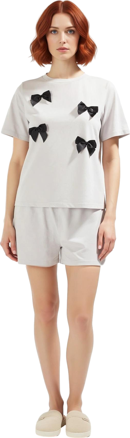 Kadın Açık Kurdele Detaylı Bisiklet Yaka Şortlu Pijama Takımı Fonksiyonel Dayanıklı Modern