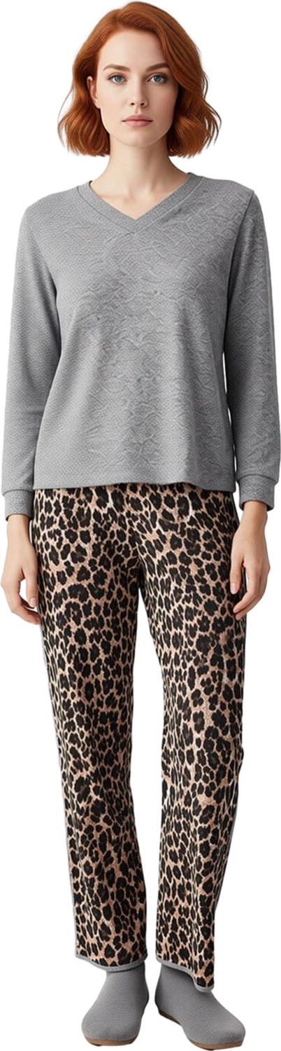 Kadın V Yaka Uzun Kollu Leopar Desenli Pijama Takımı Fonksiyonel Dayanıklı Kaliteli Modern