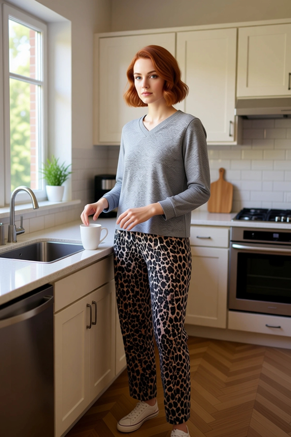 Kadın V Yaka Uzun Kollu Leopar Desenli Pijama Takımı Fonksiyonel Dayanıklı Kaliteli Modern