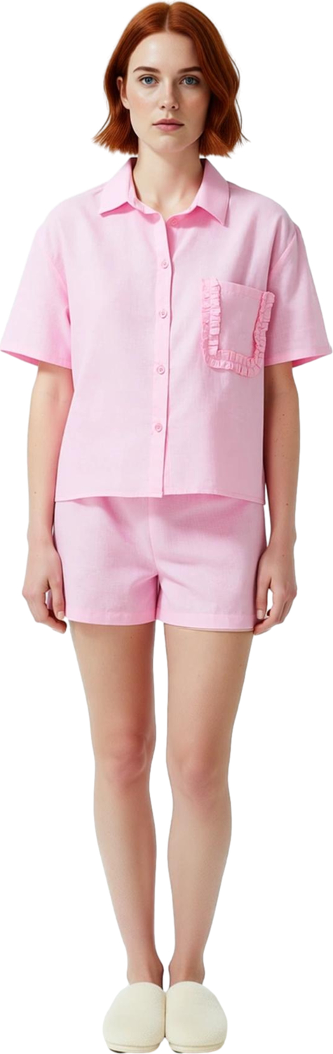 Kadın Gömlek Yaka Fırfırlı Pijama Takımı Fonksiyonel Dayanıklı Kaliteli Konforlu Estetik Şık