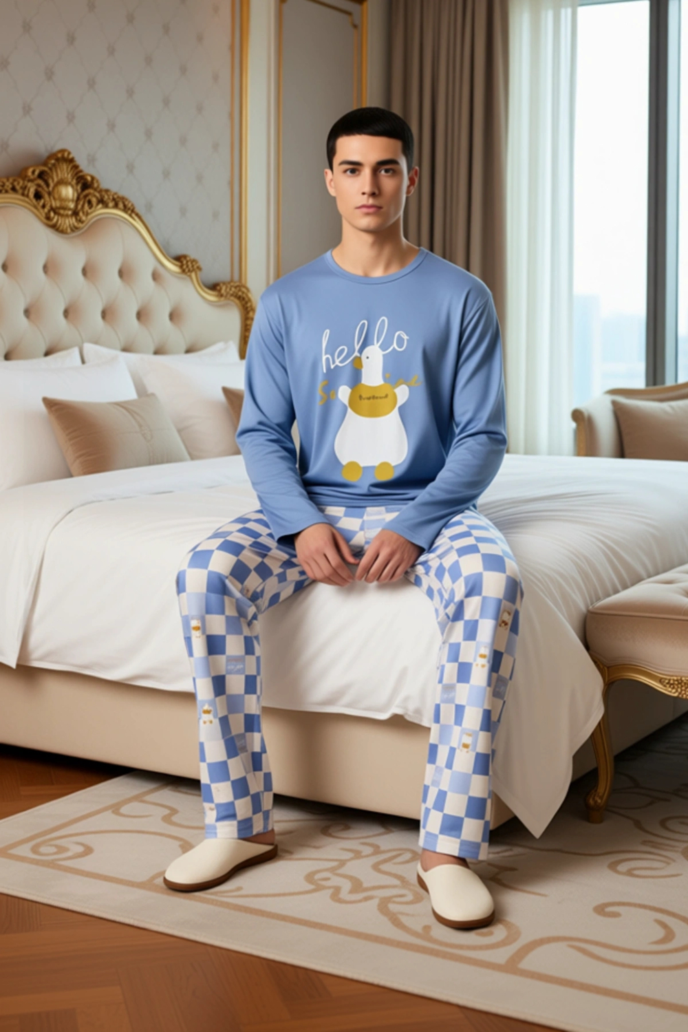 Erkek Uzun Kollu Bisiklet Yaka Ordek Baskılı Pijama Takımı Fonksiyonel Dayanıklı Kaliteli Şık