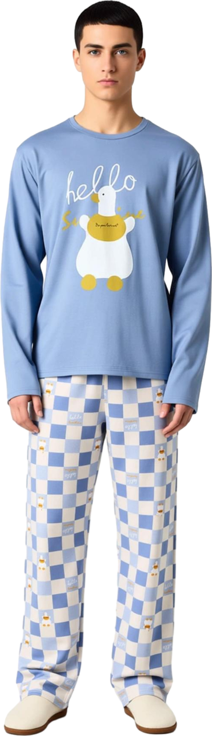 Erkek Uzun Kollu Bisiklet Yaka Ordek Baskılı Pijama Takımı Fonksiyonel Dayanıklı Kaliteli Şık