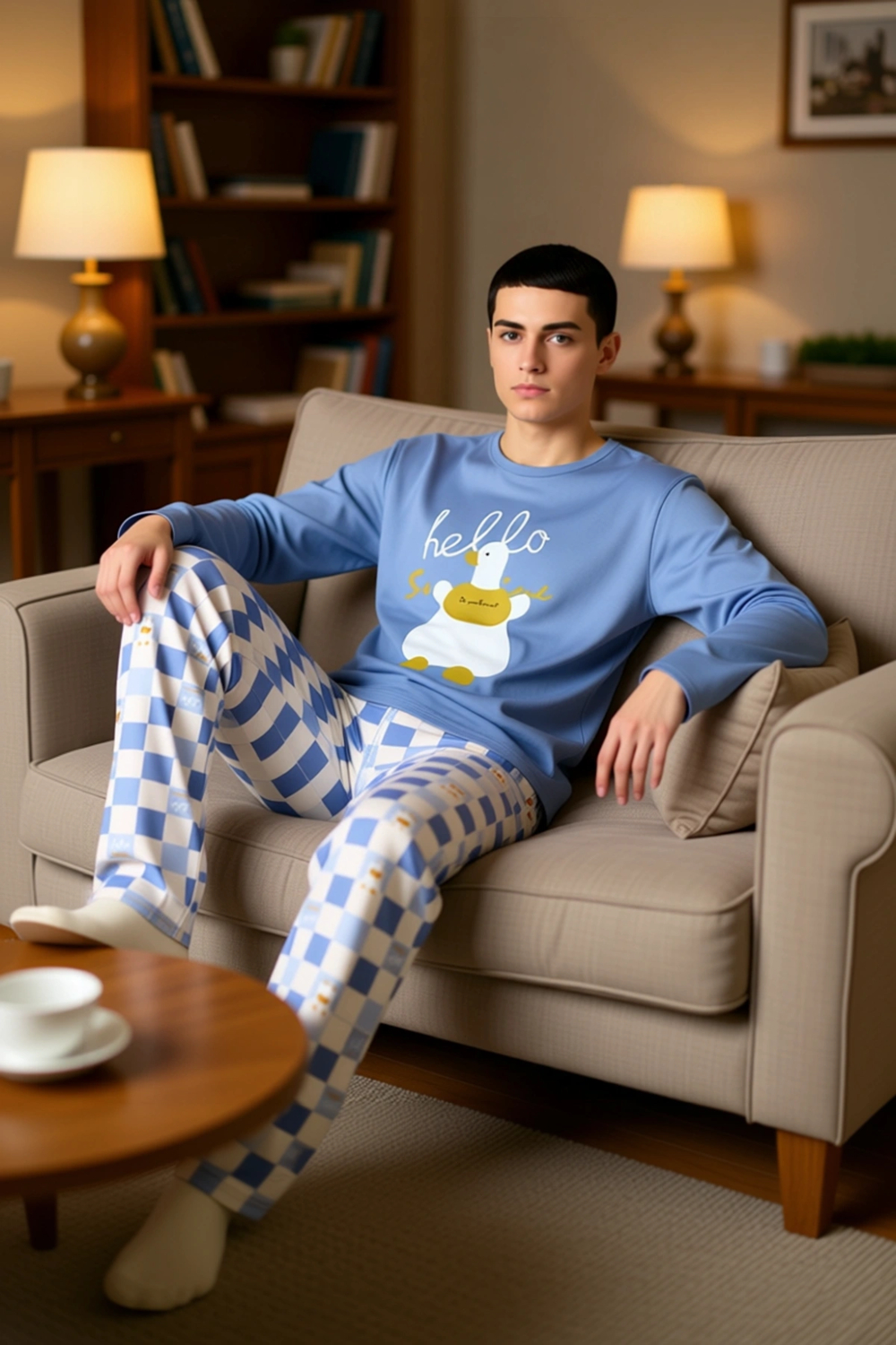 Erkek Uzun Kollu Bisiklet Yaka Ordek Baskılı Pijama Takımı Fonksiyonel Dayanıklı Kaliteli Şık