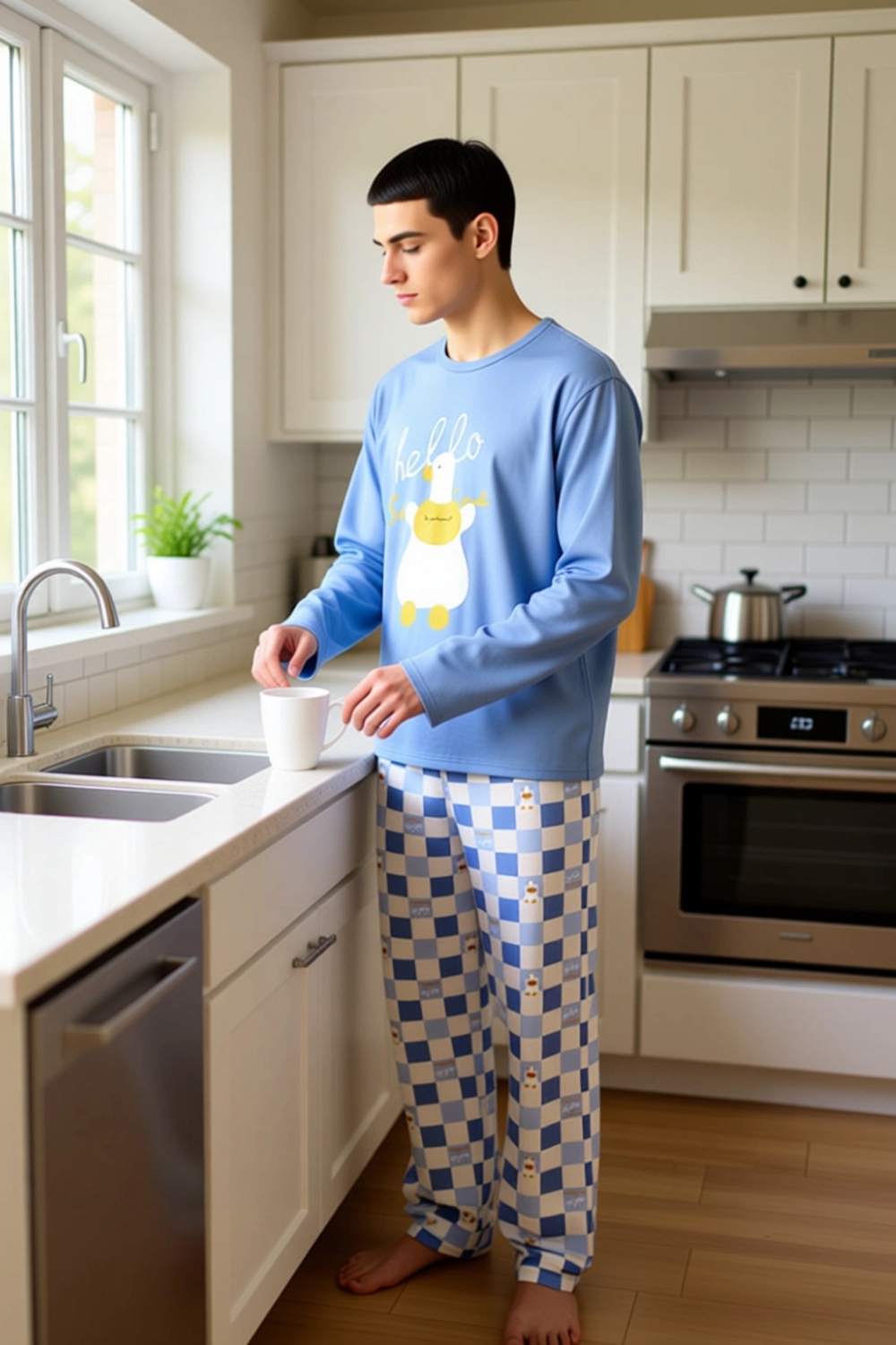 Erkek Uzun Kollu Bisiklet Yaka Ordek Baskılı Pijama Takımı Fonksiyonel Dayanıklı Kaliteli Şık