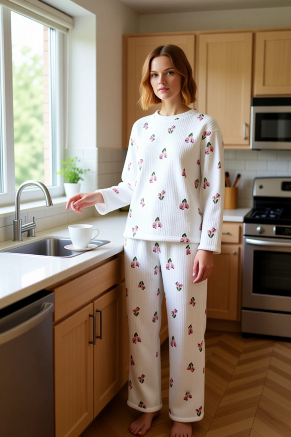 Kadın Çiçek Desenli Örme Pijama Takımı Fonksiyonel Dayanıklı Kaliteli Konforlu Estetik Şık