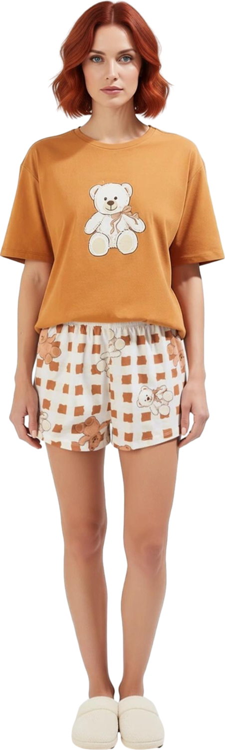 Kadın Ayıcık Baskılı Ekose Şortlu Pijama Takımı Fonksiyonel Dayanıklı Kaliteli Konforlu Şık
