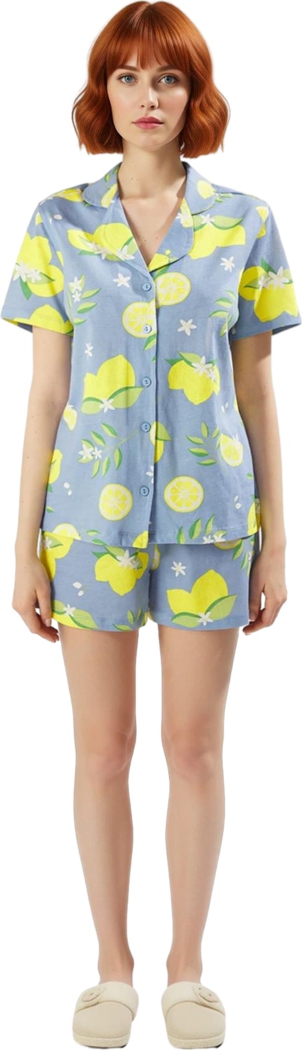 Kadın Yazlık Limon Baskılı Pijama Takımı Gömlek Şort Fonksiyonel Dayanıklı Kaliteli Modern