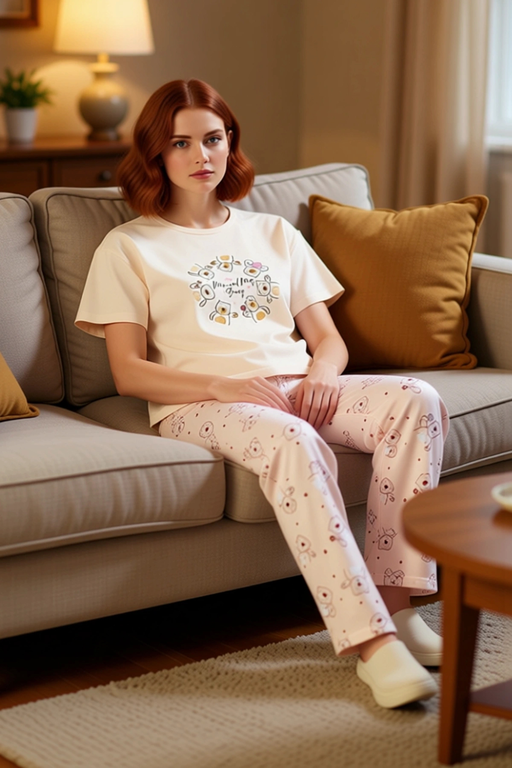 Kadın Sevimli Ayıcık Desenli Pijama Takımı Fonksiyonel Dayanıklı Kaliteli Konforlu Estetik