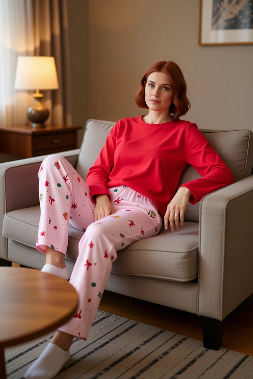 Kadın Yılbaşı Desenli Pamuklu Pijama Takımı Fonksiyonel Dayanıklı Kaliteli Konforlu Modern