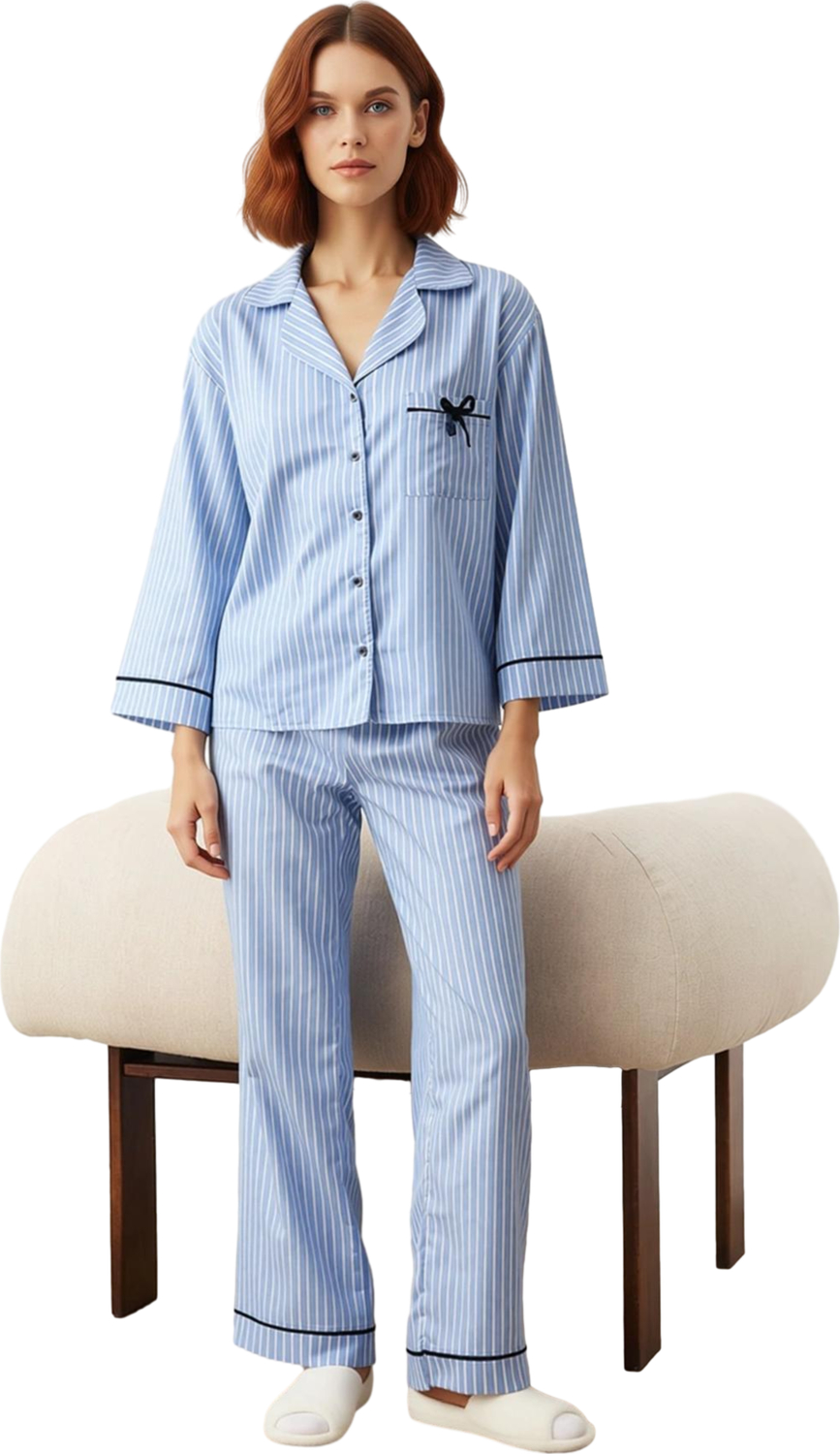 Kadın Çizgili Gömlek Yaka Pijama Takımı Uzun Kollu Ev Giyimi Fonksiyonel Dayanıklı Estetik