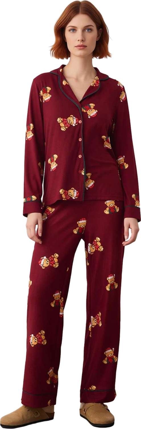 Kadın Ayıcık Desenli Pijama Takımı Gömlek Yaka Uzun Fonksiyonel Dayanıklı Kaliteli Estetik