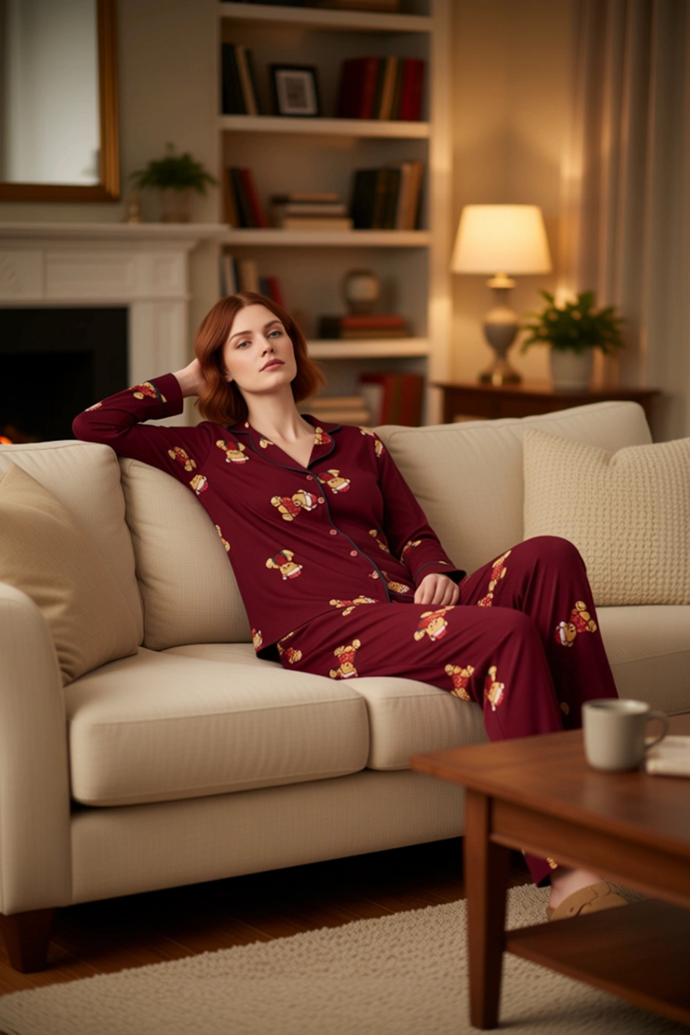 Kadın Ayıcık Desenli Pijama Takımı Gömlek Yaka Uzun Fonksiyonel Dayanıklı Kaliteli Estetik