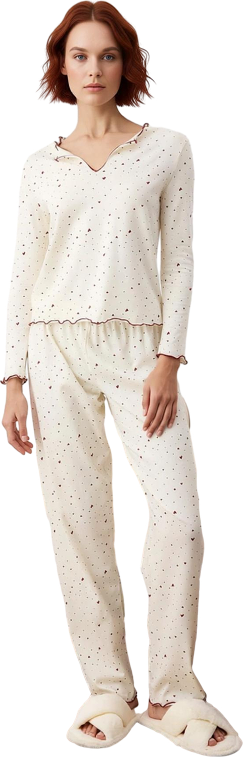 Kadın Penye Kalpli Pijama Takımı Devrik Yaka Uzun Kollu Fonksiyonel Dayanıklı Kaliteli Şık