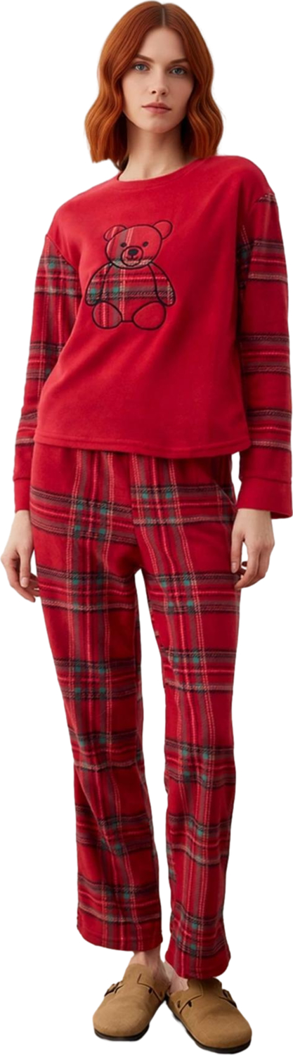 Kadın Kirmizi Ekose Polar Pijama Takımı Ayicik Detayli Fonksiyonel Dayanıklı Kaliteli Spor