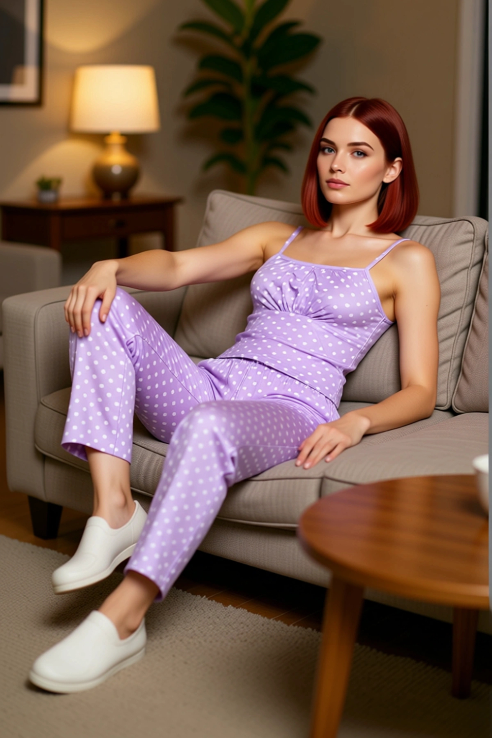 Puantiyeli İp Askılı Pijama Takımı Kadın Lounge Giyim Fonksiyonel Dayanıklı Kaliteli Rahat