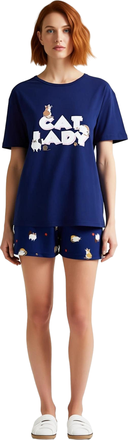Kadın Kedi Temalı Pamuklu Pijama Seti Bisiklet Yaka Fonksiyonel Dayanıklı Kaliteli Estetik