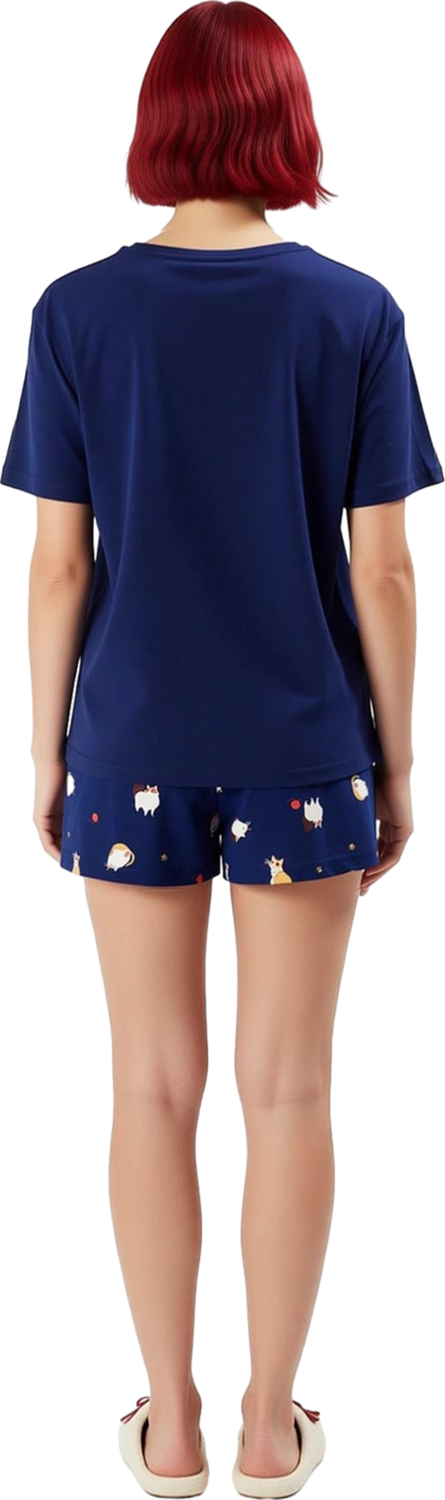 Kadın Kedi Temalı Pamuklu Pijama Seti Bisiklet Yaka Fonksiyonel Dayanıklı Kaliteli Estetik