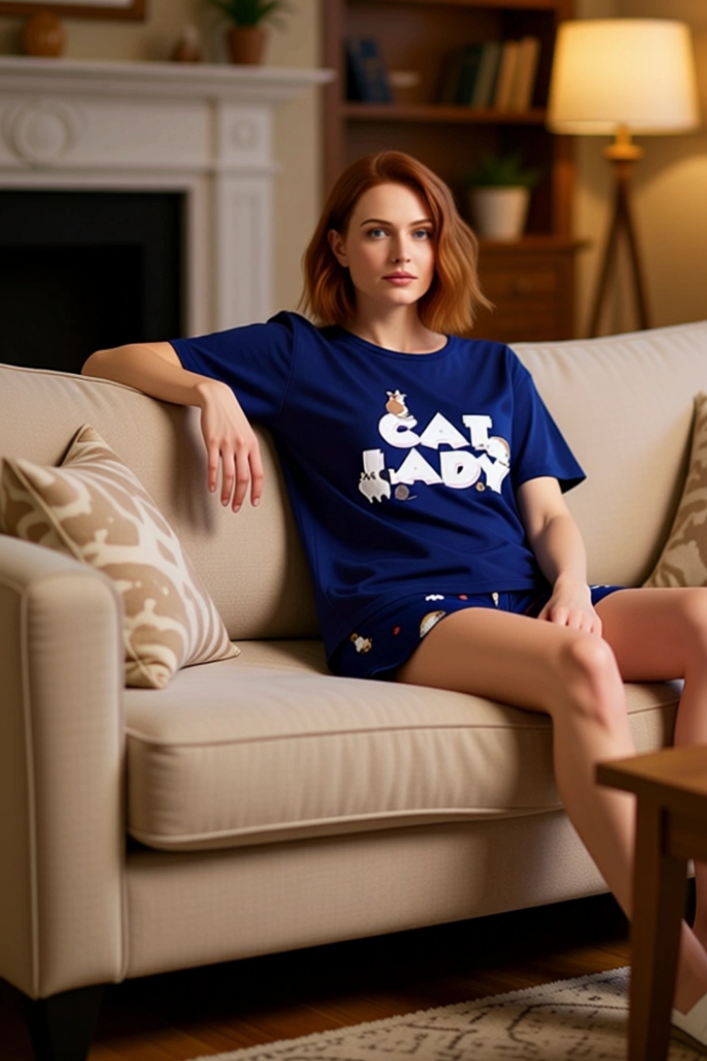 Kadın Kedi Temalı Pamuklu Pijama Seti Bisiklet Yaka Fonksiyonel Dayanıklı Kaliteli Estetik