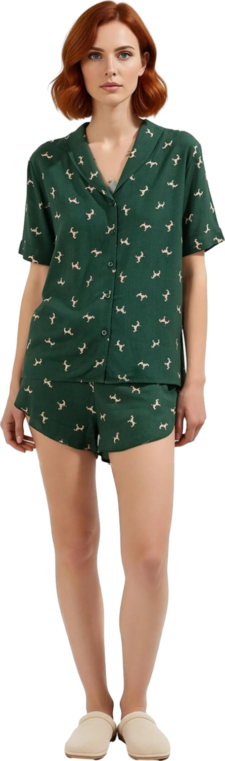 Kadin Koyu Yesil Hayvan Desenli Gömlek Sirt ve Sirt Short Pijama Takımı Fonksiyonel Modern