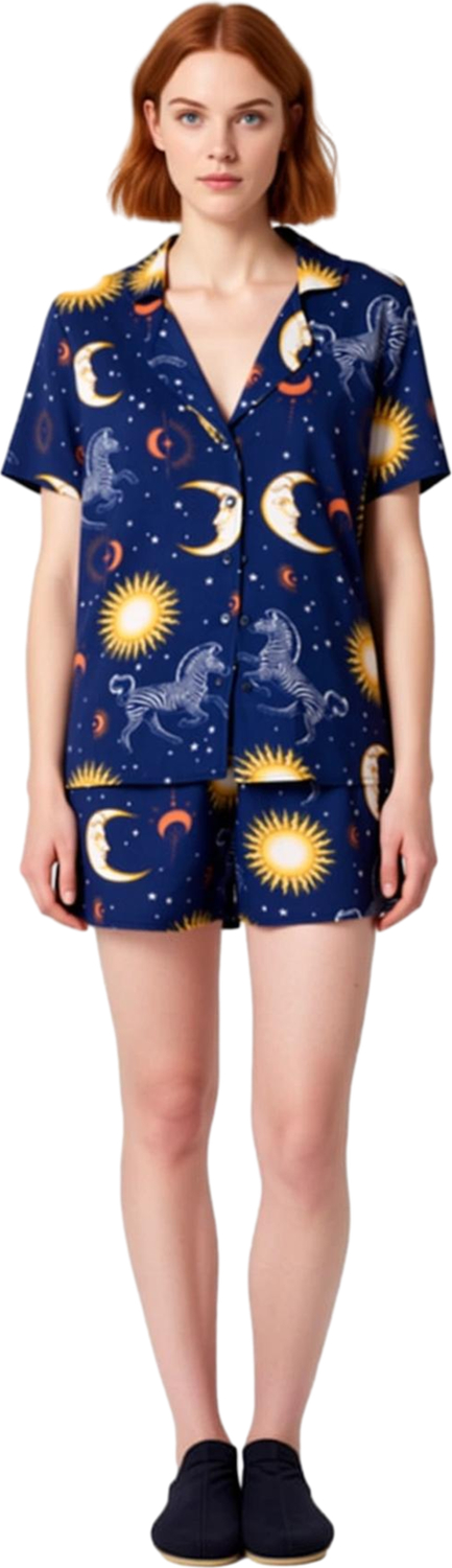 Kadın Viskon Gömlek Şort Pijama Takımı Galaksi Desenli Fonksiyonel Dayanıklı Kaliteli Spor