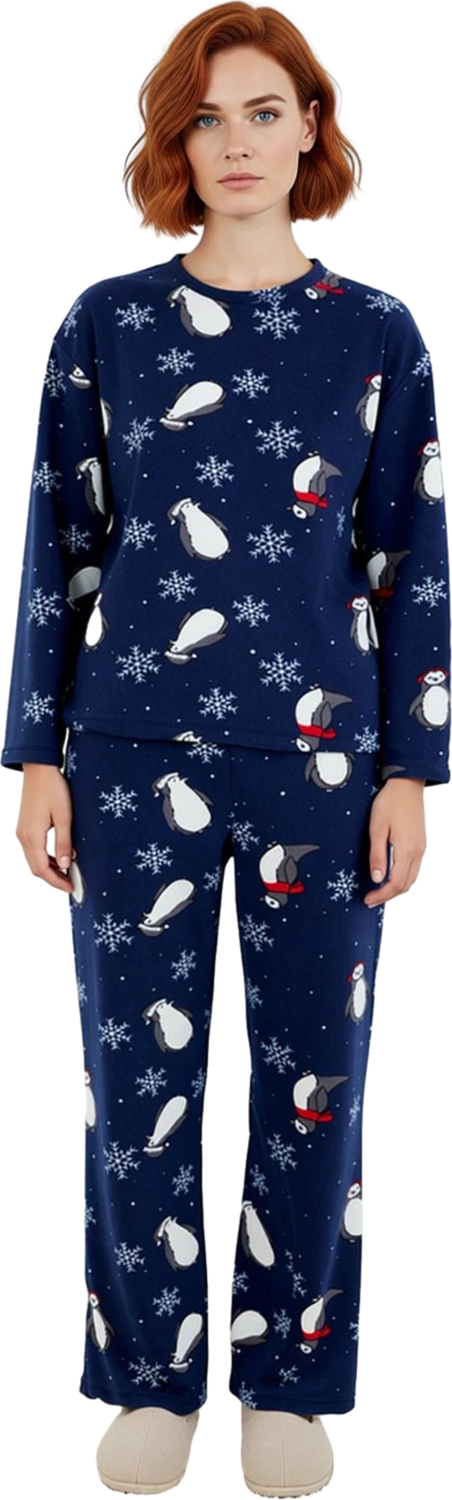 Kadın Kışlık Polar Pijama Takımı Penguen Desenli Rahat Ev Kıyafeti Fonksiyonel Dayanıklı Şık