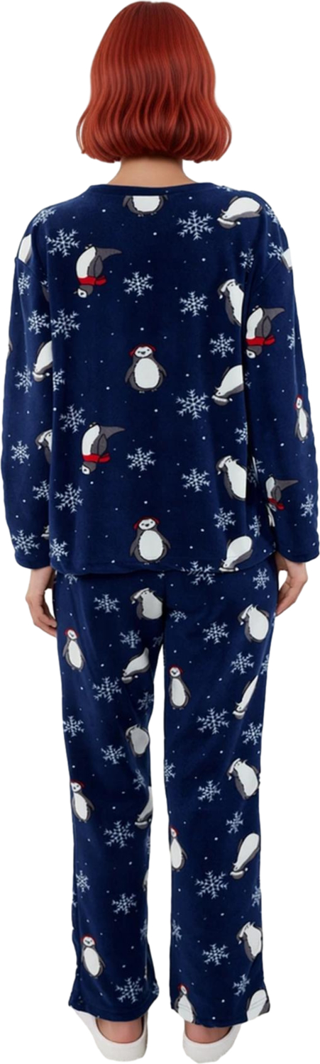 Kadın Kışlık Polar Pijama Takımı Penguen Desenli Rahat Ev Kıyafeti Fonksiyonel Dayanıklı Şık