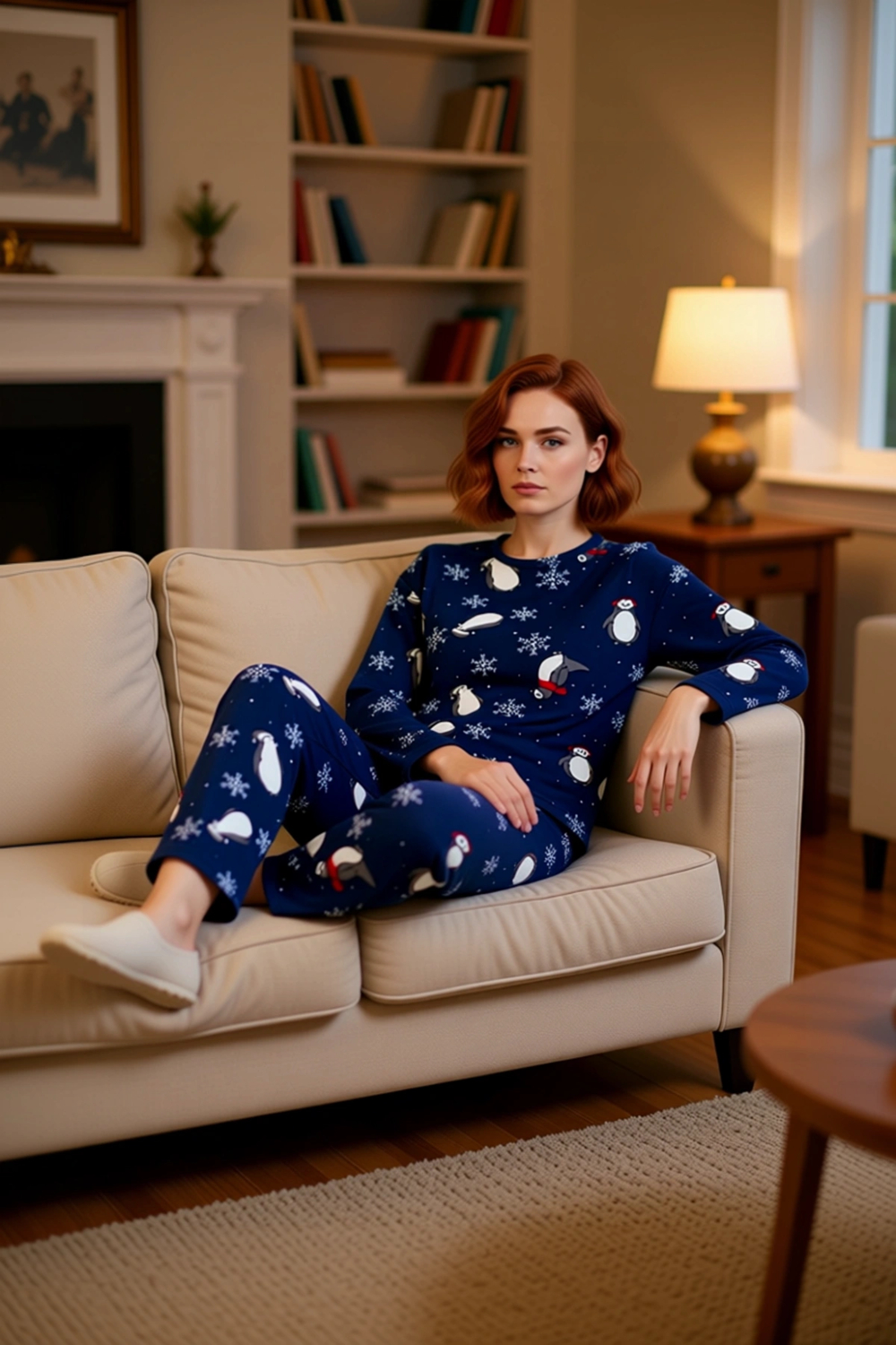 Kadın Kışlık Polar Pijama Takımı Penguen Desenli Rahat Ev Kıyafeti Fonksiyonel Dayanıklı Şık
