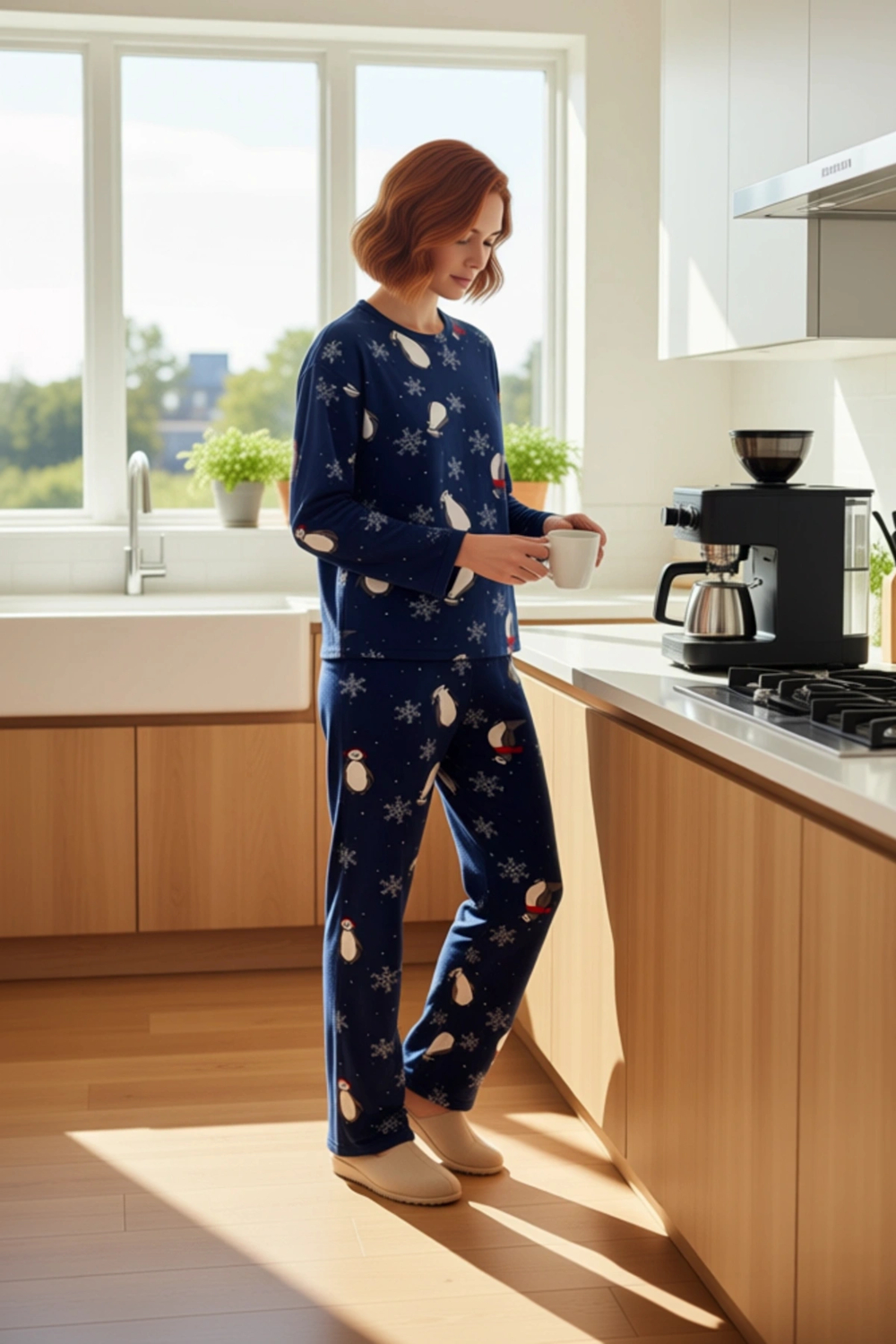 Kadın Kışlık Polar Pijama Takımı Penguen Desenli Rahat Ev Kıyafeti Fonksiyonel Dayanıklı Şık