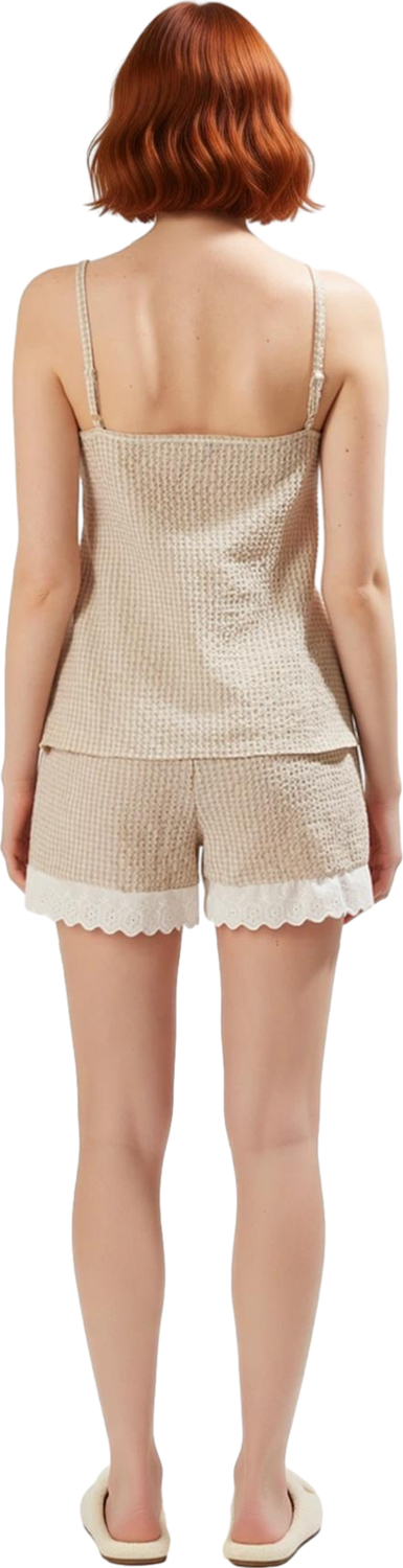 Kadın Ekoseli Gofre V Yaka İnce Askılı Pijama Takımı Fonksiyonel Dayanıklı Kaliteli Modern