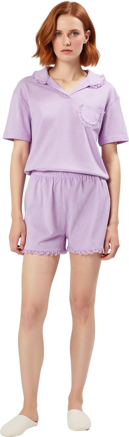 Kadın Lila V Yaka Kısa Kollu Örme Pijama Takımı Dantel Detaylı Fonksiyonel Dayanıklı Rahat