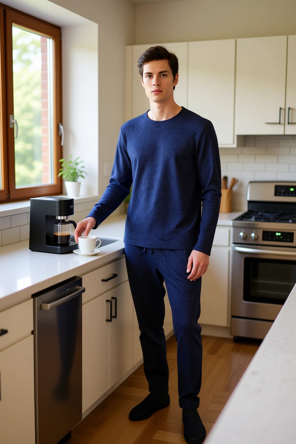 Erkek Bisiklet Yaka Uzun Kollu Pijama Takımı Waffle Dokulu Regular Fit Fonksiyonel Estetik