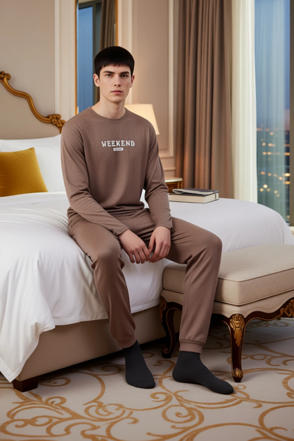 Erkek Bisiklet Yaka Uzun Kollu Baskılı Pijama Takımı Fonksiyonel Dayanıklı Kaliteli Modern