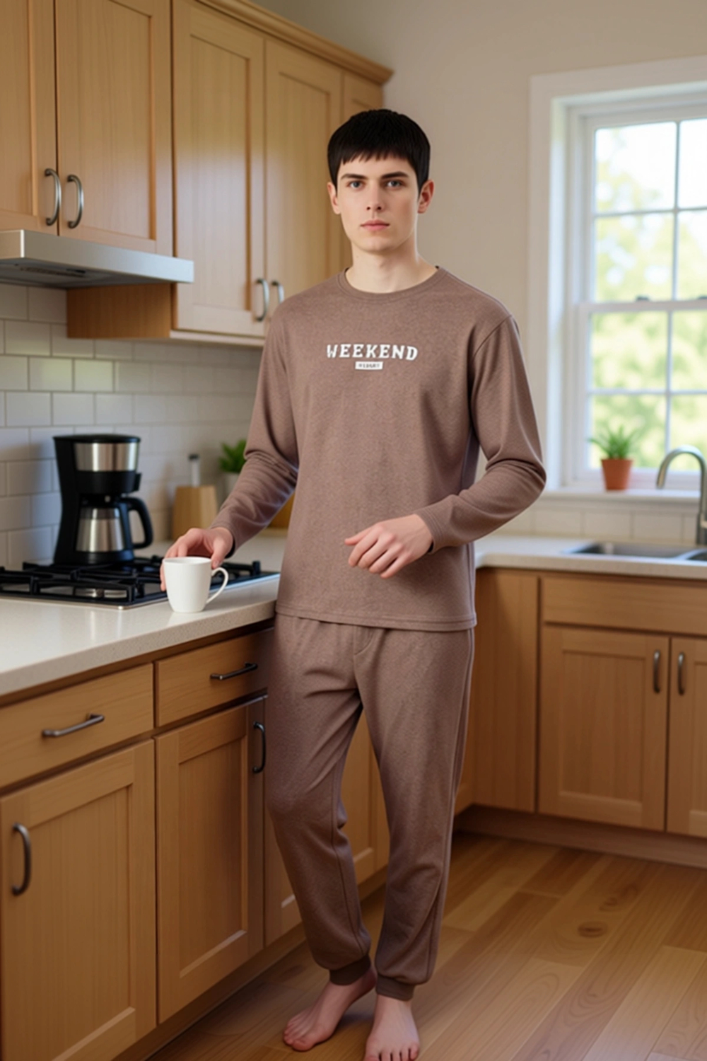 Erkek Bisiklet Yaka Uzun Kollu Baskılı Pijama Takımı Fonksiyonel Dayanıklı Kaliteli Modern