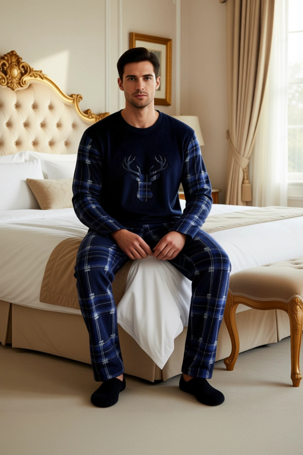Erkek Polar Pijama Takımı Geyik Baskılı Ekose Detaylı Fonksiyonel Dayanıklı Kaliteli Rahat