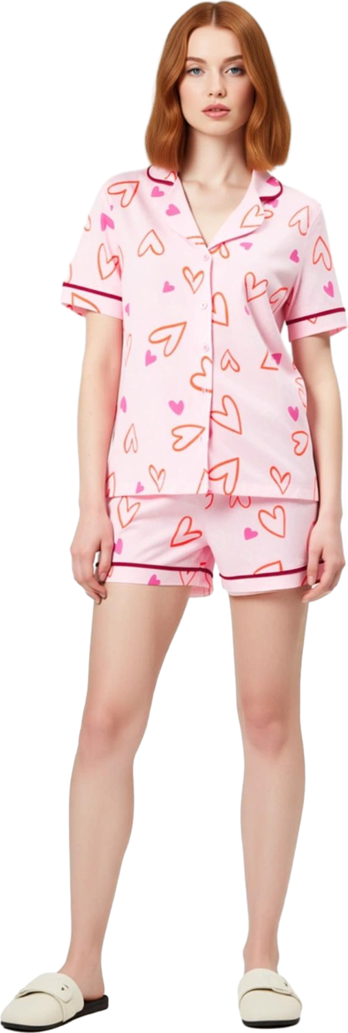 Kadın Kalpli Pijama Takımı Gömlek Şort Fonksiyonel Dayanıklı Kaliteli Konforlu Estetik Şık