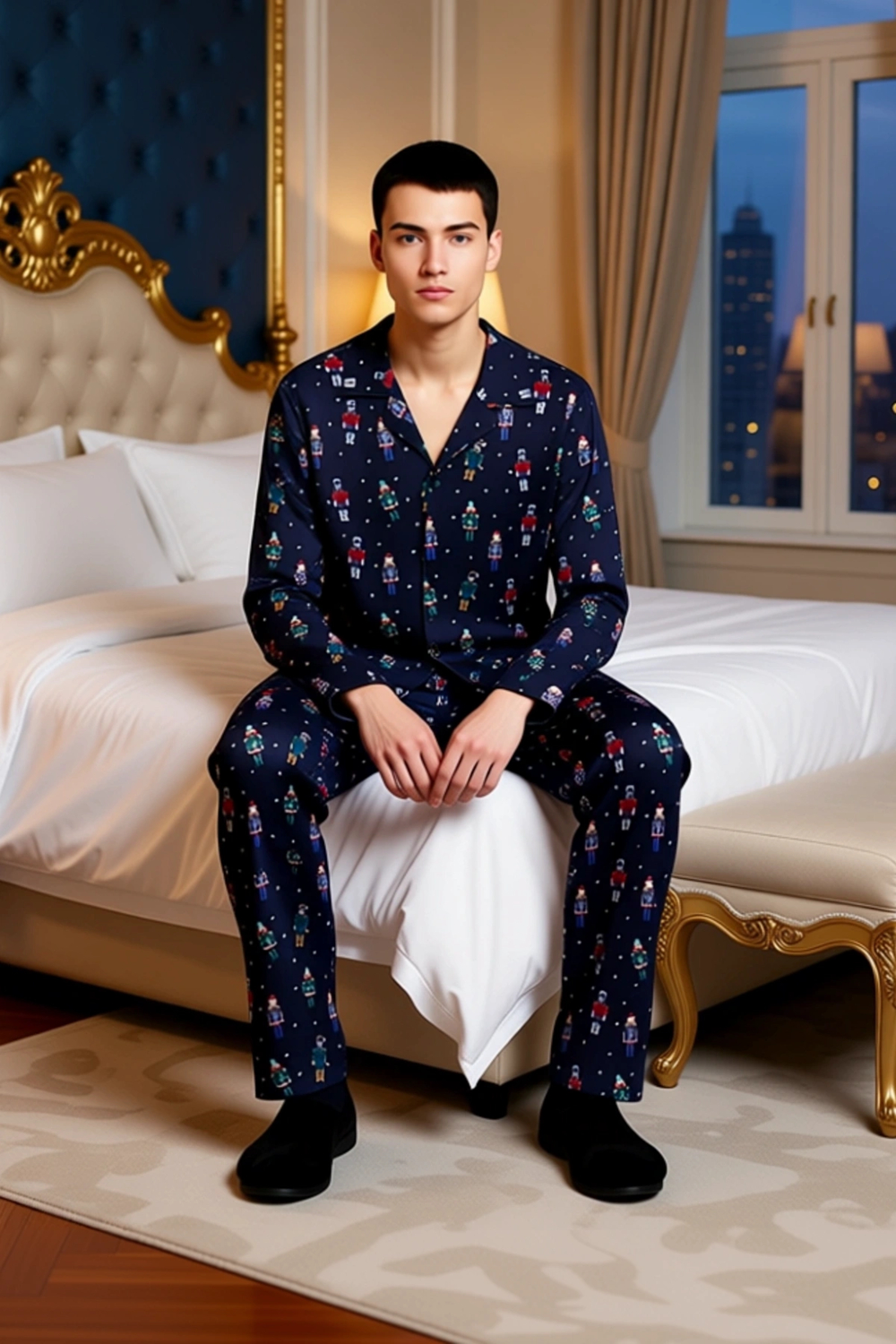 Yılbaşı Desenli Erkek Pijama Takımı Gömlek Yaka Regular Fit %100 Pamuk Fonksiyonel Estetik