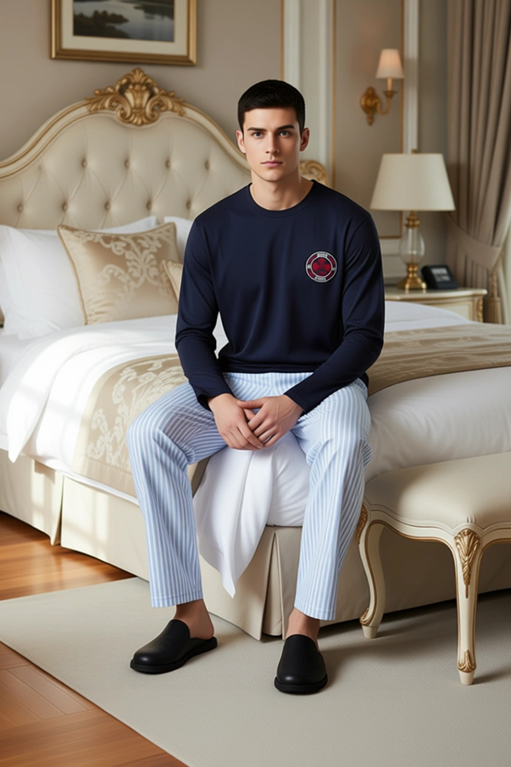 Erkek Çizgili Pijama Takımı Bisiklet Yaka Nakışlı Fonksiyonel Dayanıklı Kaliteli Konforlu Şık
