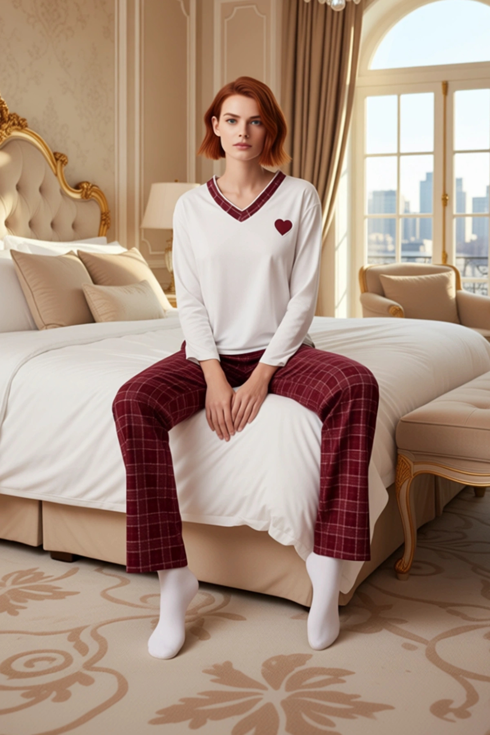 Kadın Kalpli Ekose Detaylı Pijama Takımı Fonksiyonel Dayanıklı Kaliteli Konforlu Estetik Şık