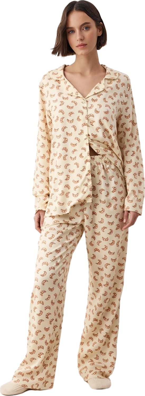 Kadın Viskoza Baskılı Pijama Takımı Gömlek ve Pantolon Uzun Kollu Fonksiyonel Dayanıklı Şık