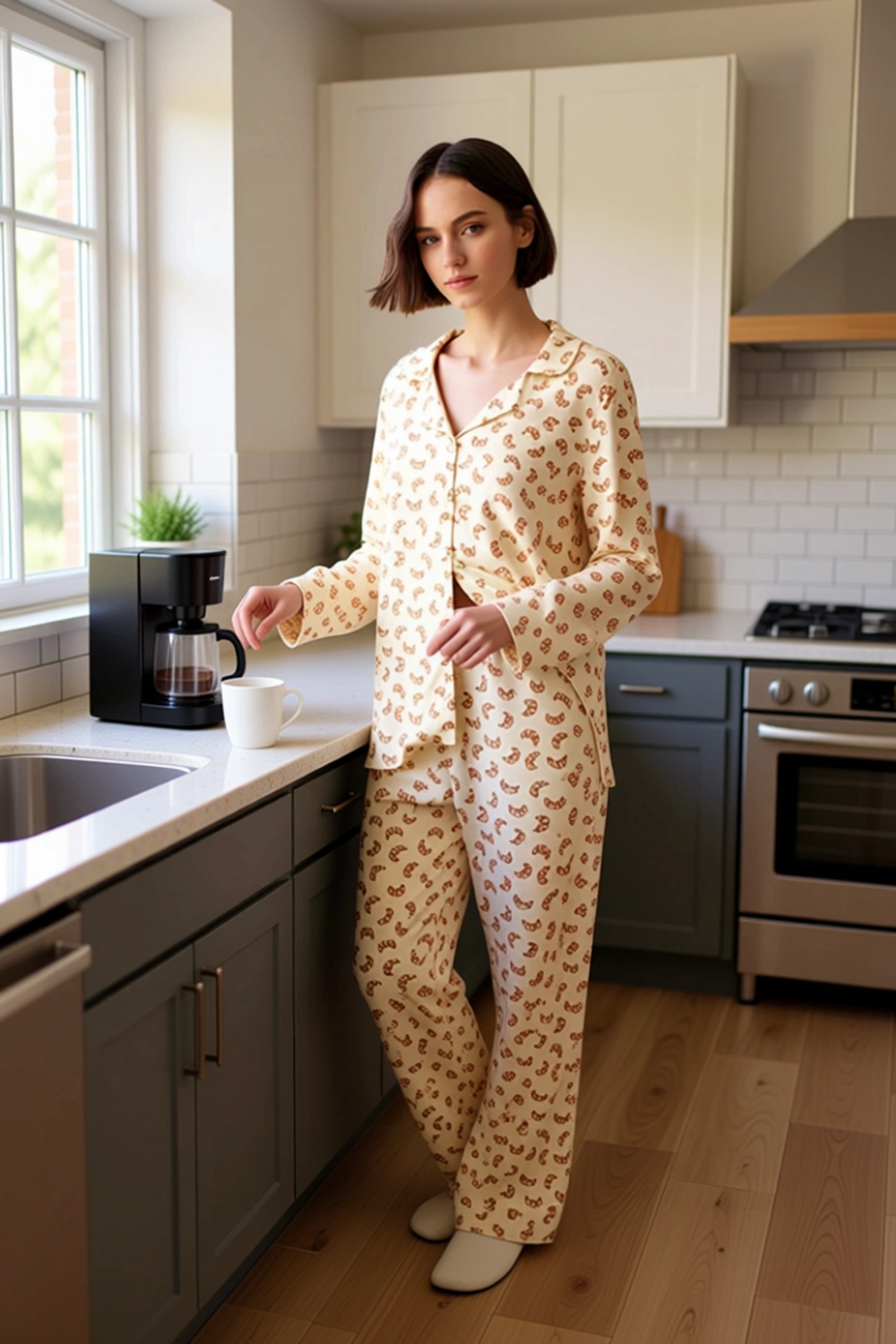 Kadın Viskoza Baskılı Pijama Takımı Gömlek ve Pantolon Uzun Kollu Fonksiyonel Dayanıklı Şık