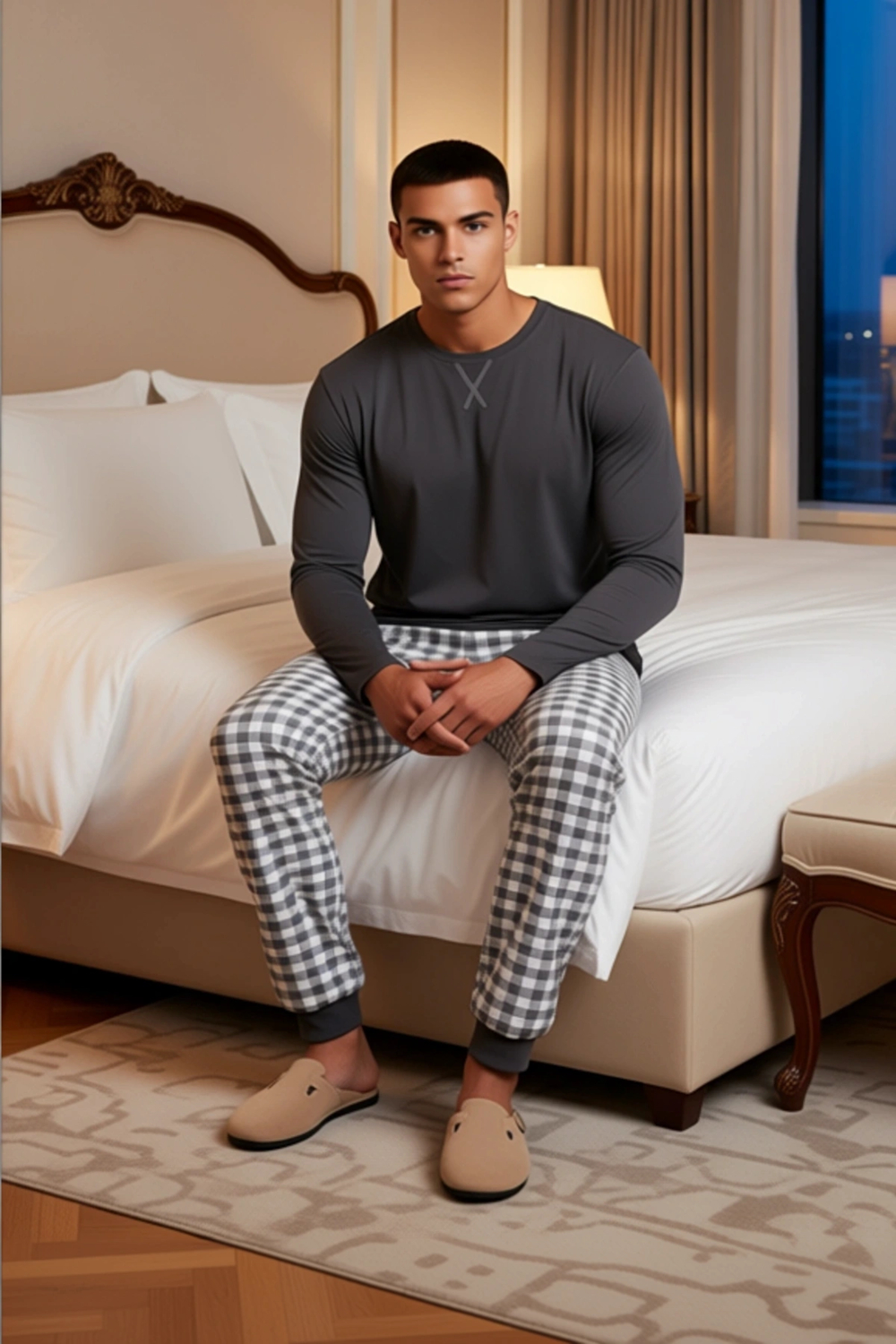 Erkek Kareli Pijama Takımı Bisiklet Yaka Sweatshirt Pantolon Fonksiyonel Dayanıklı Estetik