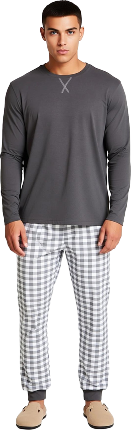 Erkek Kareli Pijama Takımı Bisiklet Yaka Sweatshirt Pantolon Fonksiyonel Dayanıklı Estetik