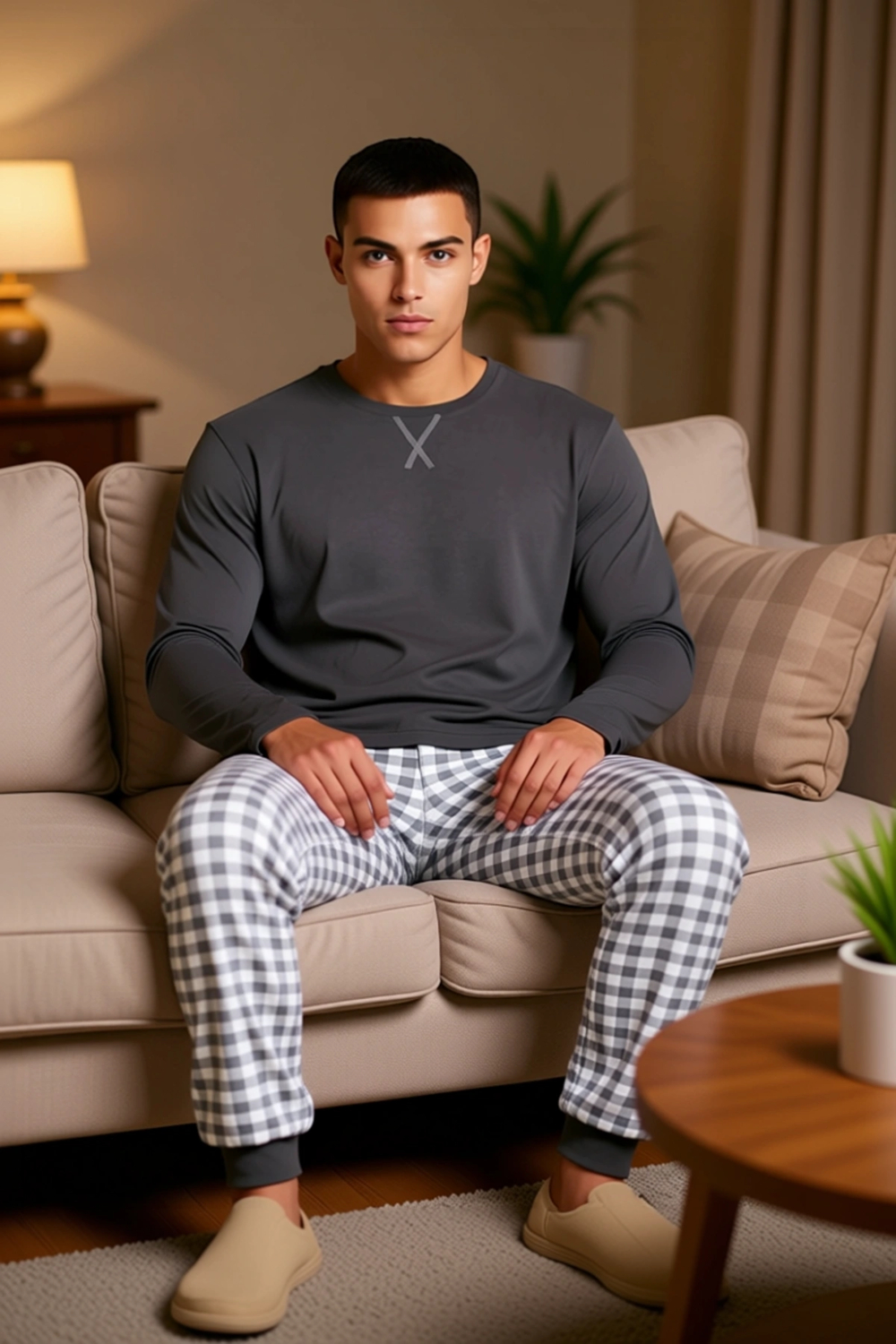 Erkek Kareli Pijama Takımı Bisiklet Yaka Sweatshirt Pantolon Fonksiyonel Dayanıklı Estetik